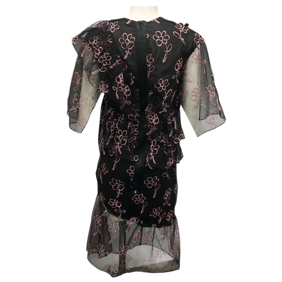 SANDY LIANG BLACK / PINK FLORAL EMBROIDERED MESH TULLE COCKTAIL DRESS - Picture 3 of 4
